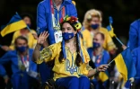 Des membres de l'équipe paralympique ukrainienne lors de la cérémonie d'ouverture des Jeux de Tokyo-2020, le 24 août 2021