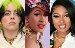 Combinaison de photos avec de gauche à droite les chanteuses américaines Billie Eilish, Cardi B, et Megan Thee Stallion