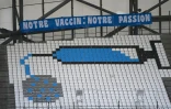 Des sièges du stade Vélodrome de Marseille représentent une seringue déversant du vaccin contre le covid-19, dans les tribune vides du match de foot Marseille-Nîmes le 16 janvier 2021 