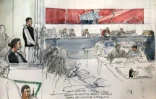 Croquis d'audience d'Ilias Akoudad (2e g) et d'Ismaël Boujti (g) lors du procès pour le meurtre du policier français Eric Masson à la cour d'assises du Vaucluse, le 19 février 2024 à Avignon