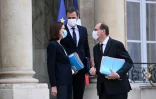 Le ministre de la Santé Olivier Véran (c), celle des Services publics, Amélie de Montchalin, et le Premier ministre Jean Castex (d), à l'issue de conseil des ministres, le 5 mai 2021 à l'Elysée à Paris