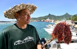Le biologiste marin Teina Rongo du groupe environnemental Korero O Te Orau tient une étoile de mer "couronne d'épines" collectée sur un récif au large de Rarotonga, le 12 juin 2025 aux îles Cook