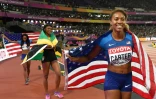Kori Carter victorieuse de la finale du 400 m haies des Mondiaux de Londres, le 10 août 2017