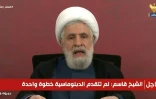 Image extraite d'une vidéo d'AFPTV montrant le chef du Hezbollah, Naïm Qassem, prononçant un discours depuis un lieu non divulgué, le 13 avril 2026
