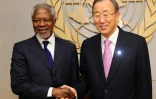 Kofi Annan et son successeur à la tête des Nations-Unies, le Sud-Coréen Ban Ki-Moon (à droite), au siège des Nations Unies le 01 mars 2012