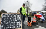 Un manifestant "gilet jaune" avec son chien devant un écriteau portant l'inscription "Macron démission", le 2 décembre 2018 à Torce, près de Rennes, dans l'ouest de la France.