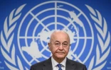 Le Haut-Commissaire aux réfugiés Barham Salih lors d'une conférence de presse le 9 juin 2026 à Genève