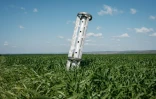 Un reste de bombe à sous-munitions planté dans un champ près de Lyssytchansk, proche du front de guerre de l'est ukrainien, le 10 mai 2022