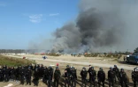 Un cordon de gendarmes aux abords de la "Jungle" de Calais en feu, le 26 octobre 2016