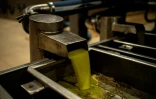 De l'huile d'olive sort d'un oressoir dans une usine de production, le 15 décembre 2020 à Madéna, en Grèce