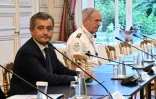 Le ministre de l'Intérieur Gérald Darmanin et le patron de la police Frederic Veaux lors d'une rencontre avec les syndicats à Paris le 27 juillet 2023