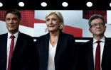 De gauche à droite, Olivier Faure, Marine Le Pen et Jean-Luc Mélenchon avant un débat télévisé, le 17 mai 2018 à Saint-Cloud