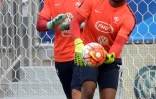 Les gardiens de but Benoît Costil et Steve Mandanda, lors de l'entraînement de l'équipe de France, le 5 septembre 2015 à Bordeaux, avant un match amical contre la Serbie en guise de préparation pour l'Euro 2016