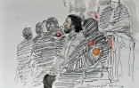Un croquis d'audience représente Salah Abdeslam, attendant le début de son procès au Palais de Justice de Bruxelles, le 5 février 2018