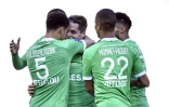 La joie des Stéphanois, après un but marqué contre son camp par le Montpelliérain, John Boye, lors de leur match de L1, le 7 février 2021 au stade Geoffroy-Guichard