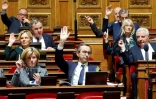 Le patron des sénateurs LR Bruno Retailleau (c) lors d'un vote au Sénat pendant les débats sur le projet de loi immigration, le 7 novembre 2023 à Paris
