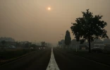 L'entrée de Biscarrosse (sud-ouest), sous un ciel jauni par les fumées d'un incendie de forêt qui se propage dans les environs, le 24 juillet 2026