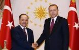 Photo fournie par le service de presse de la présidence le 23 août 2016 montrant le président turc Recep Tayyip Erdogan (d) et le président du gouvernement régional du Kurdistan irakien Massoud Barzani à Ankara