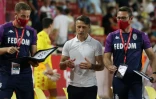 L'entraîneur de Monaco, le Croate Niko Kovac, entouré de ses adjoints, lors du match retour du 3e tour de qualification pour la Ligue des Champions contre le Sparta Prague, le 10 août 2021 au Stade Louis II