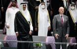 L'Emir du Qatar Sheikh Tamim bin Hamad Al-Thani et le président de la Fifa Gianni Infantino lors de la finale de la Qatar Amir Cup, le 18 mars 2022 à Doha