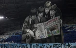 Clin d'oeil aux Beatles sur un tifo des supporters de l'OM, avant le match contre Liverpool en Ligue des champions, le 21 janvier 2026 au Vélodrome