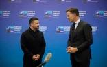 Photo diffusée le 7 juillet 2026 par le service de presse de la présidence ukrainienne montrant le secrétaire général de l'Otan, Mark Rutte (d.), et le président ukrainien Volodymyr Zelensky en marge du 36e sommet de l'Otan, à Ankara, le 7 juillet 2026