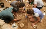 Des archéologues font des fouilles dans un cimetière philistin, sur des ossements du peuple du géant Goliath, à Ashkelon en Israël, le 28 juin 2016