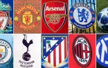 (g à d) Combophoto des logos des clubs sanctionnés par l'UEFA: Liverpool, Manchester United, Arsenal, Chelsea, Manchester City, Tottenham, Atletico Madrid, et AC Milan, le 7 mai 2021