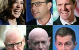 Kamala Harris et les cinq hommes envisagés pour devenir son colistier dans la campagne présidentielle, (de gauche à droit et de haut en bas): Josh Shapiro, Andy Beshear, Tim Walz, Mark Kelly et Pete Buttigieg