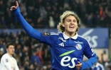Le milieu suédois de Strasbourg, Sebastian Nanasi, après son but inscrit à domicile contre Montpellier, le 9 février 2025, lors de la 21 journée de Ligue 1 