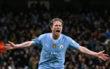 Le milieu de Manchester City Kevin De Bruyne égalise contre le Real Madrid, le 17 avril 2024 à Manchester