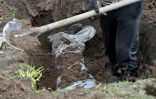 Un employé communal exhume le corps d'une victime à Andriivka, près de Kiev, le 11 avril 2022 en Ukraine