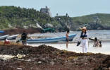 Des touristes sur la plage de Tulum envahie par les sargasses, le 16 mai 2019 au Mexique