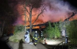 Des pompiers luttent contre l'incendie qui a tué plusieurs dizaines de singes dans le zoo de Krefeld, en Allemagne, le 1er janvier 2020