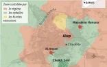 Carte d'Alep montrant les zones de contrôle, les bombardements confirmés sur les quartiers rebelles et les zones de combats au sol