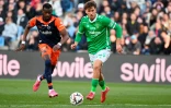 Le Stéphanois Lucas Stassin lors du match de Ligue 1 entre Saint-Etienne et Montpellier à la Mosson le 16 mars 2025