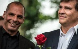 L'ancien ministre des Finances grec Yanis Varoufakis et Arnaud Montebourg à Frangy-en-Bresse, le 23 août 2015