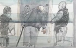 Croquis d'audience montrant Dominique Pelicot quittant la salle son box du tribunal d'Avignon, le 11 septembre 2024