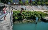 Un groupe d'adolescents saute  dans le Rhône depuis la Passerelle de la Paix à Lyon, le 25 juin 2026
