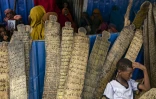 Un garçon déplacé à l'intérieur du pays se repose après avoir suivi un cours à la madrasa pour apprendre à lire et à écrire, dans un camp à la périphérie de Kismayo, le 21 avril 2026