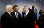 Le vice-président américain Mike Pence (g), le président polonais Andrzej Duda (c) et le Premier ministre israélien Benjamin Netanyahu, le 13 février 2019 à Varsovie