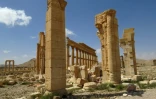 Vue général des restes de l'Arc de Triomphe dans la cité syrienne de Palmyre, le 27 mars 2016