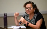La militante féministe salvadorienne Morena Herrera au cours d'une conférence de presse le 22 février 2022 à San Salvador