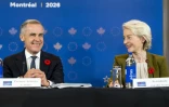Le Premier ministre canadien Mark Carney et la présidente de la Commission européenne Ursula von der Leyen lors du 21e sommet UE-Canada, à Montréal, le 29 octobre 2026 au Canada
