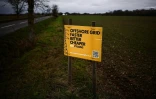 Une pancarte contre la construction d'un nouveau pylône électrique de National Grid au bord d'une route à Ardleigh, dans l'est de l'Angleterre, le 27 janvier 2025