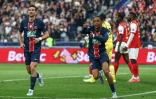 Bradley Barcola célèbre son deuxième but inscrit face à Reims, en finale de la Coupe de France, à Saint-Denis, le 24 mai 2025