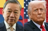 Montage photos du 4 avril 2025 montrant le secrétaire général du parti communiste To Lam (g) et le président américain Donald Trump