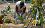Une femme devant la tombe d'une victime des attentats à l'église Saint-Sébastien à Negombo le 28 avril 2019