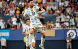 La joie de l'attaquant Lionel Messi, auteur des 5 buts de la victoire de l'Argentine (5-0) face à l'Estonie, lors de leur match amical, le 5 juin 2022 à Pampelune