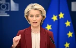 La présidente de la Commission européenne, Ursula von der Leyen, lors d'une conférence presse à Bruxelles le 3 décembre 2025, aprÚs l'accord trouvé entre eurodéputés et Etats européens pour interdire toutes les importations de gaz russe dans l'UE à l'automne 2027